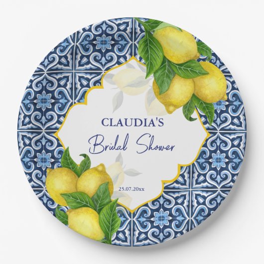 Blaues Fliesen Zitrone Amalfi Brautparty Party Pappteller (Vorderseite)