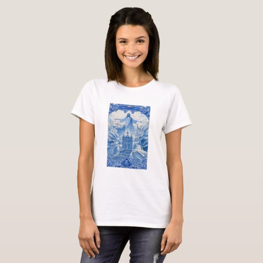 Blaues Fliesenmosaik von Jesus, Portugal T-Shirt (Vorne ganz)