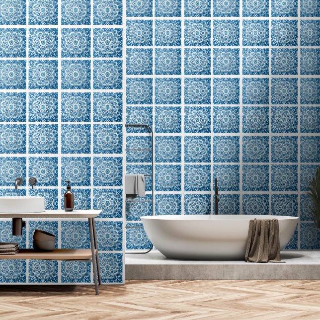 Blaues Fliesenmuster Wallpaper 2' x 4' Tapete (Badezimmer)