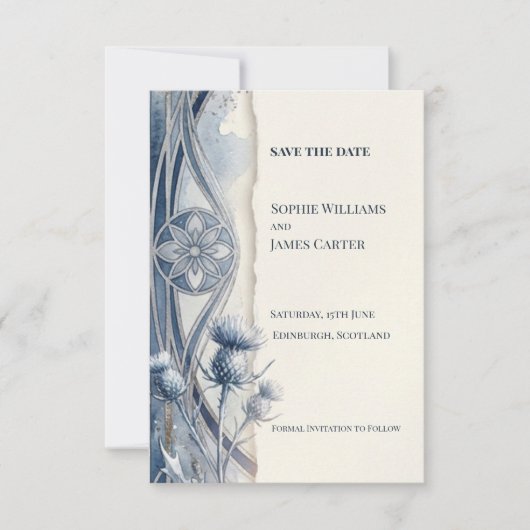 Blaues Floral Nouveau Save The Date (Vorderseite)