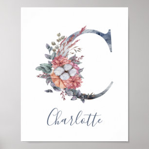 Blaues Floral-Watercolor-Monogramm C Nachname Post Poster