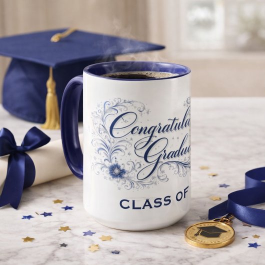 Blaues florales Abschluss-Skript mit individuellem Tasse