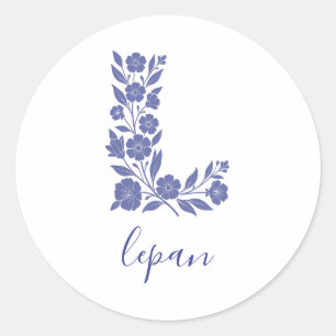 Blaues florales Buchstabe L Monogramm Kunst Rund S Runder Aufkleber