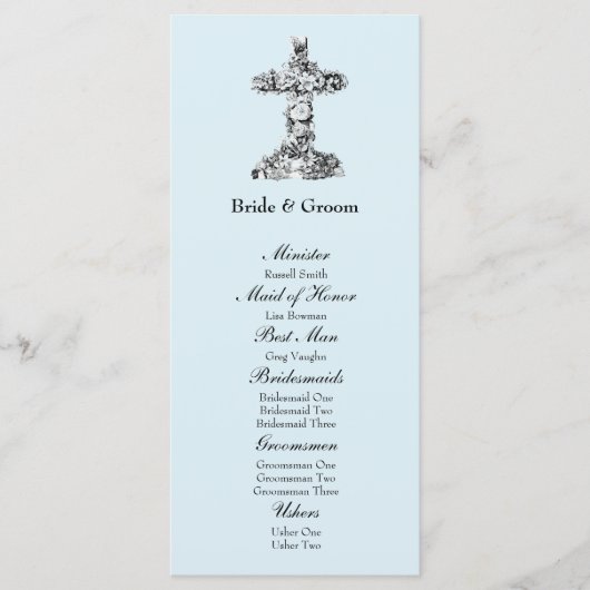 Blaues florales christliches Hochzeitsprogramm mit Programm (Vorderseite)