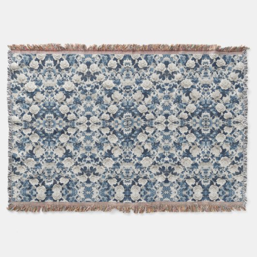 Blaues florales Damastmuster-Decke Decke (Vorderseite)