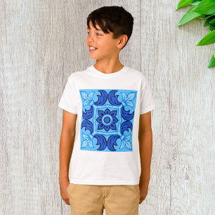 Blaues florales Fliesenmuster vintage-mediterran T-Shirt