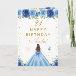 Blaues florales Geburtstagsbild Mädchen mit braune Karte