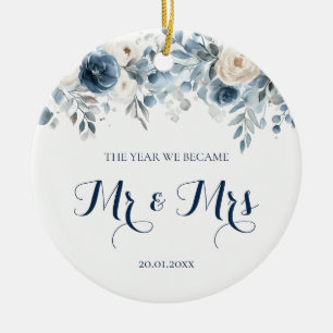 Blaues Florales Herr und Frau Erstes Weihnachten V Keramik Ornament