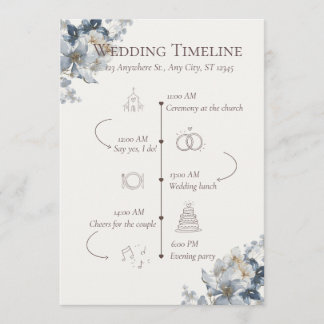 Blaues florales Hochzeitsprogramm und Zeitplan Programm