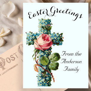 Blaues Florales Kreuz Vintage Ostern Religiös Postkarte