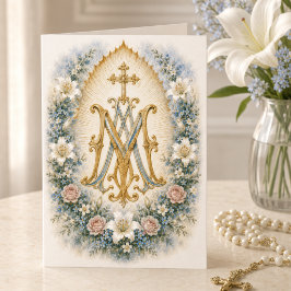 Blaues florales Marianisches Monogramm Katholische Karte