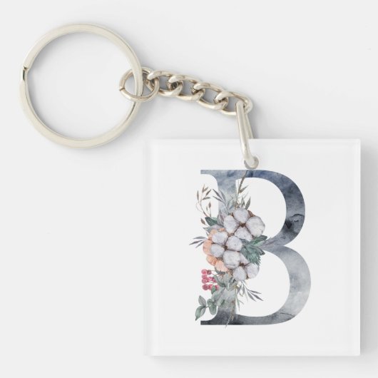 Blaues florales Monogramm Initial B Schlüsselanhänger (Vorderseite)