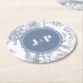 Blaues Florales Periwinkle-Monogramm-Hochzeit Runder Pappuntersetzer (Angewinkelt)