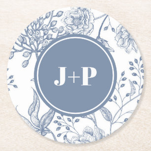 Blaues Florales Periwinkle-Monogramm-Hochzeit Runder Pappuntersetzer