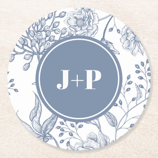Blaues Florales Periwinkle-Monogramm-Hochzeit Runder Pappuntersetzer (Vorderseite)