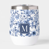 Blaues florales Vintage-Toile-Muster-Monogramm (Vorderseite)