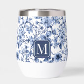 Blaues florales Vintage-Toile-Muster-Monogramm (Rückseite)