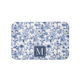 Blaues florales vintage Toile-Muster-Monogramm Badematte
