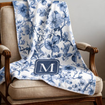 Blaues florales vintage Toile-Muster-Monogramm