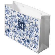 Blaues florales vintage Toile-Muster-Monogramm