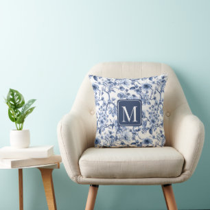 Blaues florales vintage Toile-Muster-Monogramm Kissen