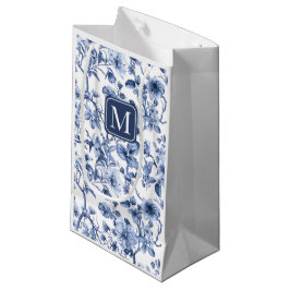 Blaues florales Vintage-Toile-Muster-Monogramm Kleine Geschenktüte