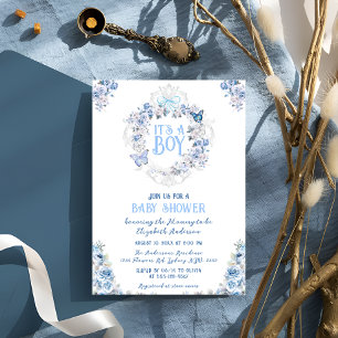 Blaues florales Wappen Es ist ein Junge Baby Show Einladung