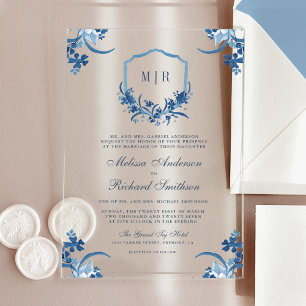 Blaues florales Wappen-Monogramm-Hochzeit Acryleinladungen