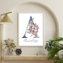 Blaues florales Wasserfarben-Monogramm A Name