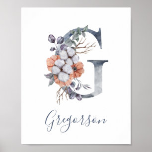 Blaues florales Wasserfarben-Monogramm G Nachname Poster