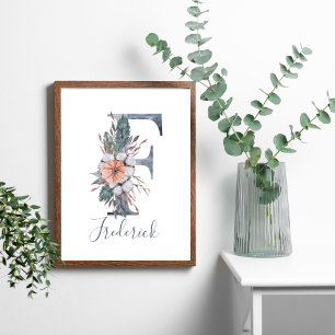 Blaues florales Wasserfarben-Monogramm Nachname Pl Poster