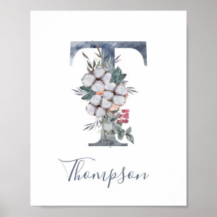 Blaues florales Wasserfarben-Monogramm T Nachname Poster