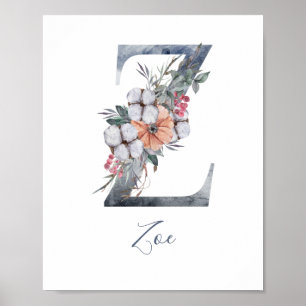 Blaues florales Wasserfarben-Monogramm Z Nachname  Poster