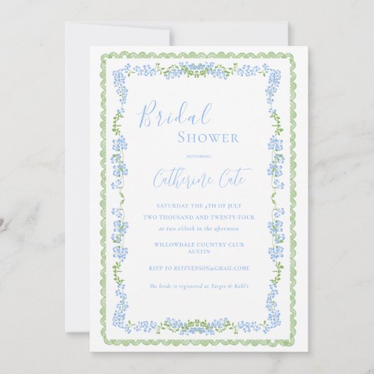 Blaues florales weißes Brautparty Einladung (Vorderseite)