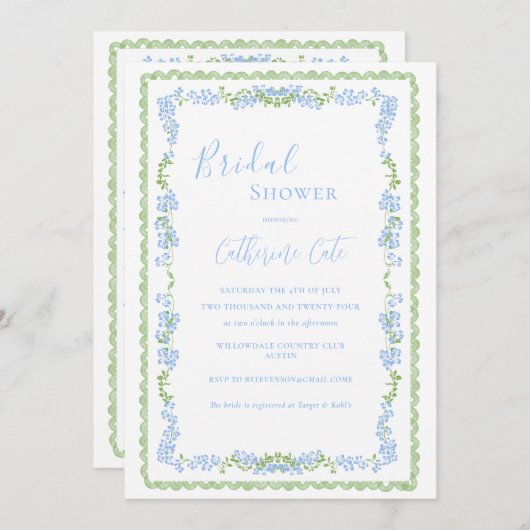 Blaues florales weißes Brautparty Einladung (Vorne/Hinten)