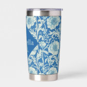 Blaues florales William-Morris-elegantes Monogramm Thermobecher (Links)