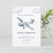 Blaues Flugzeug zum Geburtstag Einladung Flugzeug (Stehend Vorderseite)