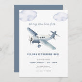 Blaues Flugzeug zum Geburtstag Einladung Flugzeug (Vorne/Hinten)