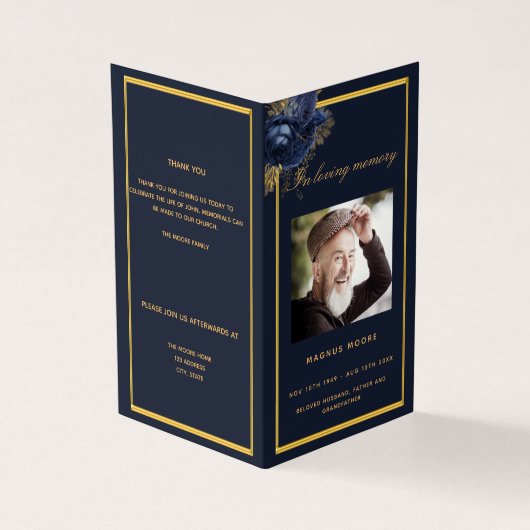 Blaues Foto elegantes Beerdigungsprogramm (Vorderseite)