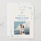 Blaues Foto-Hochzeit mit handgezeichnetem Bow Mono Dankeskarte (Vorderseite)