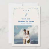 Blaues Foto-Hochzeit mit handgezeichnetem Bow Mono Dankeskarte (Vorderseite)