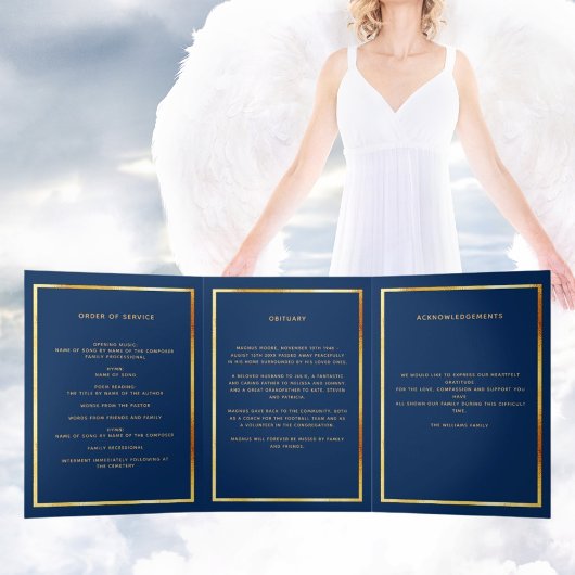 Blaues Foto mit dreiseitigem Beerdigungsprogramm Dreifach Gefaltete Ankündigung