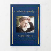 Blaues Foto mit dreiseitigem Beerdigungsprogramm Dreifach Gefaltete Ankündigung (Cover)