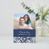 Blaues Foto Save the Date Hochzeitskarten Ankündigungspostkarte (Stehend Vorderseite)