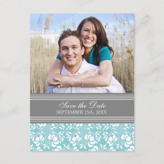 Blaues Foto Save the Date Hochzeitskarten Ankündigungspostkarte (Vorderseite)