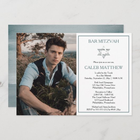 Blaues Foto | Star von David Bar Mitzvah Einladung (Vorne/Hinten)