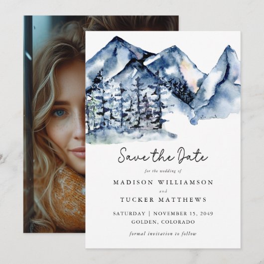 Blaues Foto Wasserfarbe Save the Date (Vorne/Hinten)