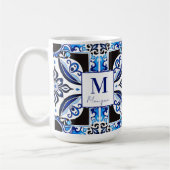Blaues französisches Brautparty bevorzugt Monogram Kaffeetasse (Links)