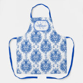 Blaues französisches Damast-Toile-Muster Monogramm Schürze (Vorderseite)