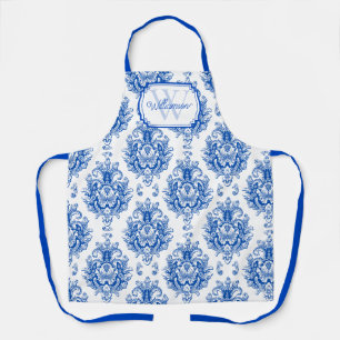 Blaues französisches Damast-Toile-Muster Monogramm Schürze